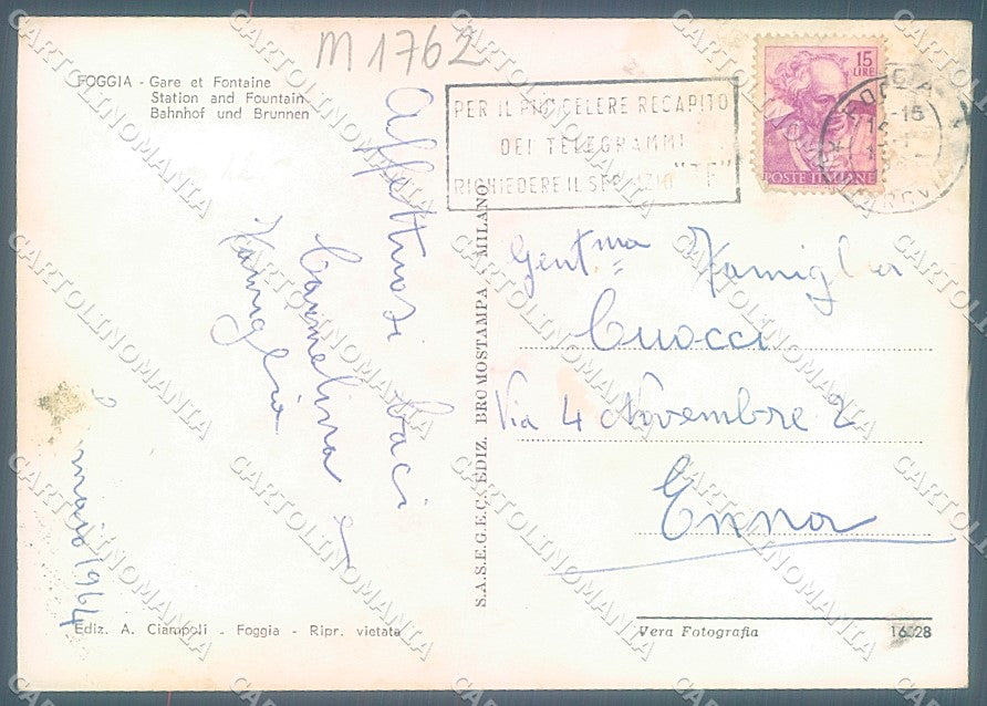 Foggia Città Stazione Ferroviaria PIEGA Foto FG cartolina JK5965 – retro