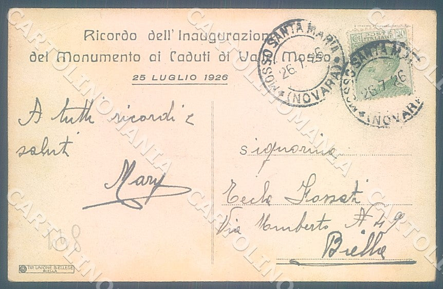 Biella Mosso Santa Maria Monumento Caduti PIEGA ANGOLO cartolina JK7817 – retro
