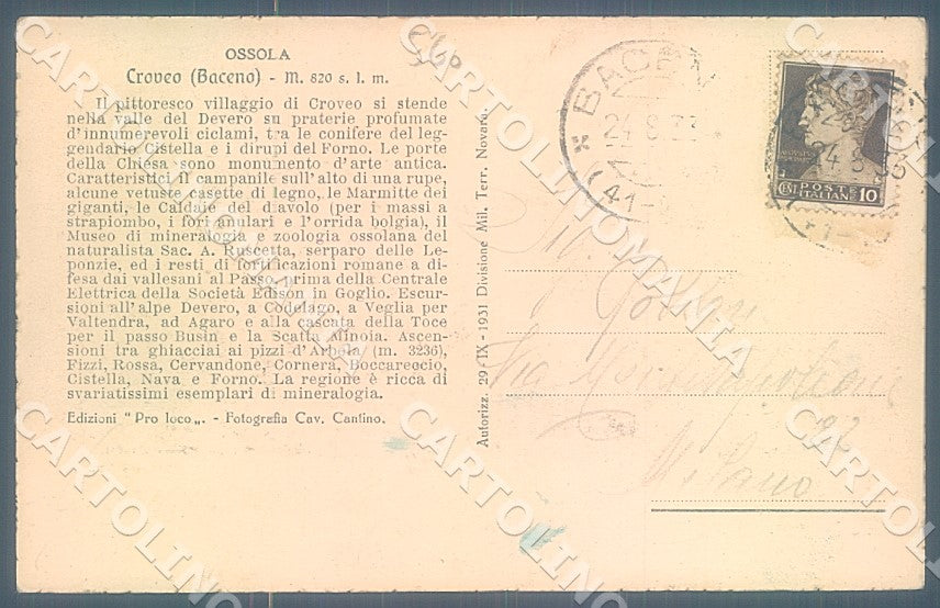 Verbania Baceno Ossola Croveo cartolina JK7848 – retro