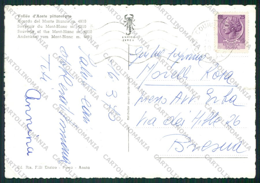 Aosta Courmayeur Monte Bianco Saluti PIEGHE STRAPPINO Foto FG cartolina KB0796 – retro