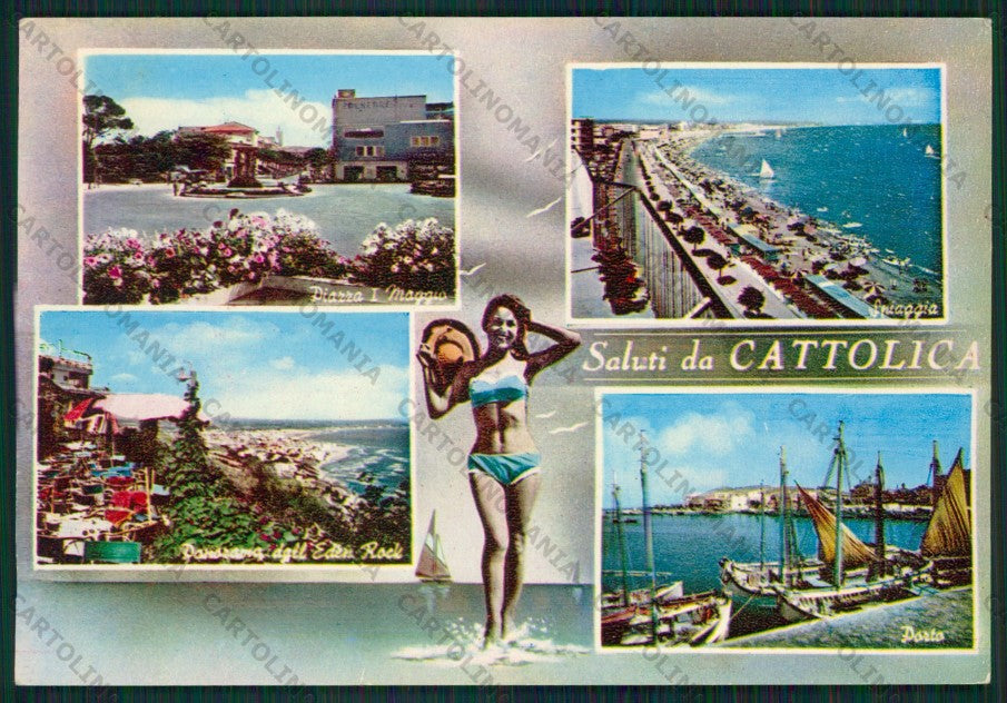 Rimini Cattolica Saluti da Pin Up PIEGA Foto FG cartolina KB1253 – fronte