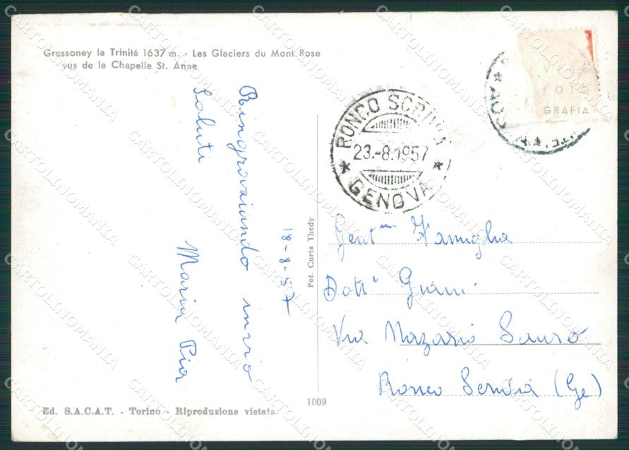 Aosta Gressoney Ghiacciai del Rosa PIEGHINA Foto FG cartolina KB1462 – retro