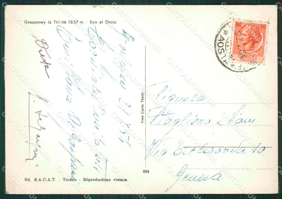Aosta Gressoney la Trinitè Eyo Orsia PIEGHINA Foto FG cartolina KB1584 – retro