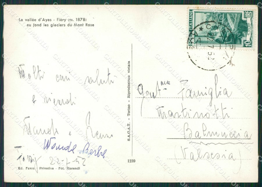 Aosta Ayas Fièry Ghiacciai del Rosa PIEGHINA Foto FG cartolina KB1652 – retro
