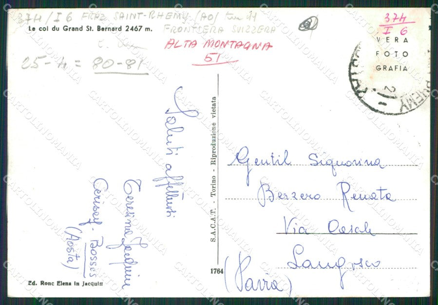 Aosta Colle del Gran San Bernardo Cane PIEGA Foto FG cartolina KB1654 – retro