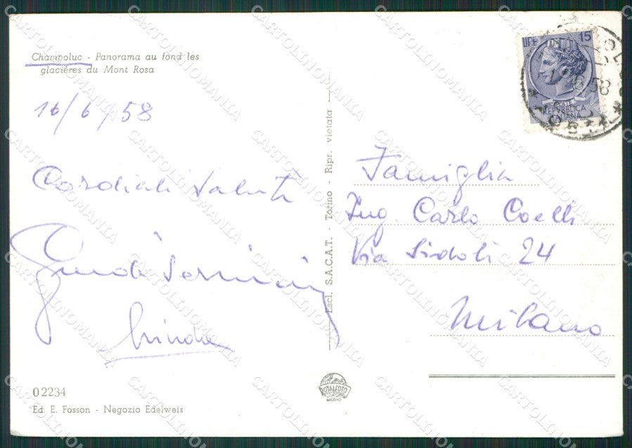 Aosta Ayas Champoluc Ghiacciai del Rosa Foto FG cartolina KB1826 – retro