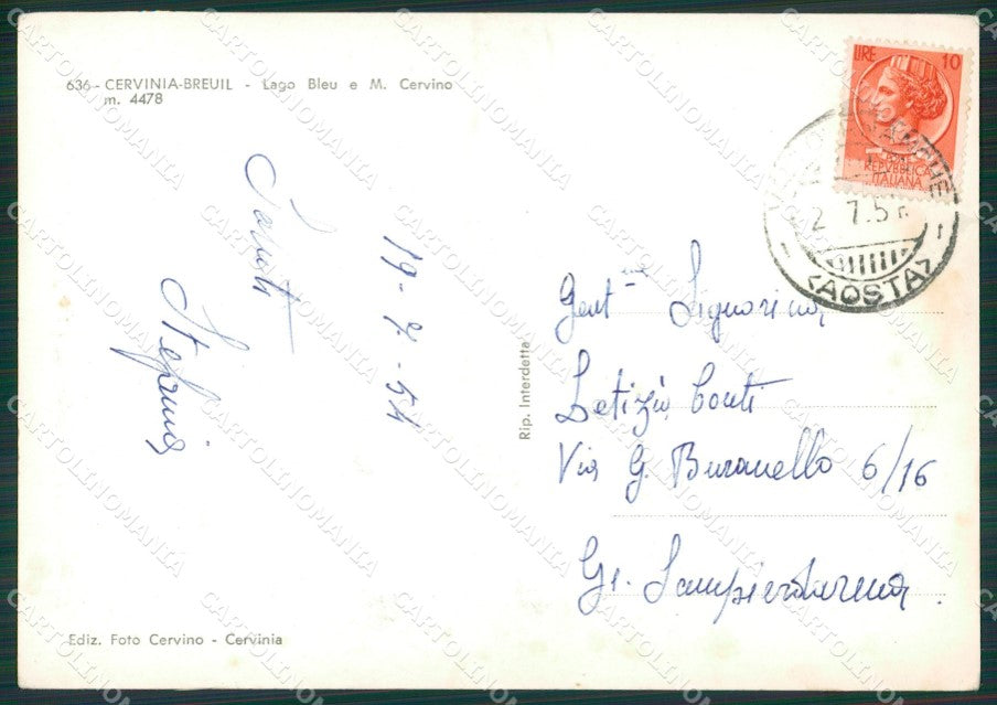 Aosta Valtournenche Cervinia Breuil Cervino Lago Bleu Foto FG cartolina KB1847 – retro