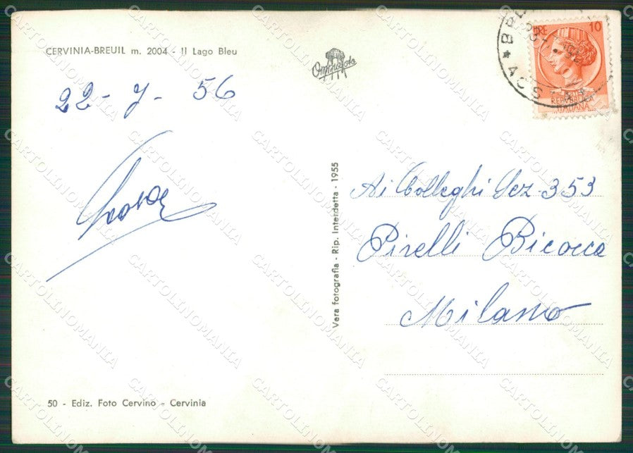 Aosta Valtournenche Cervina Breuil Lago Bleu Cervino Foto FG cartolina KB1930 – retro