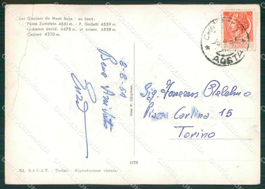 Aosta Ghiacciai del Rosa Nevicata Alpinismo PIEGA Foto FG cartolina KB1944 – retro