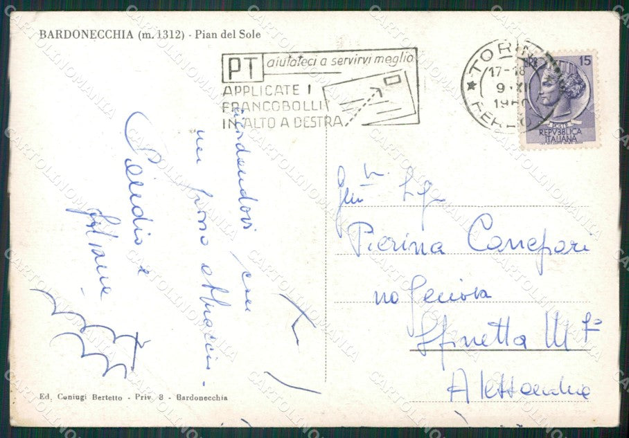 Torino Bardonecchia Nevicata Sci PIEGHE MACCHIE FG cartolina KB2047 – retro