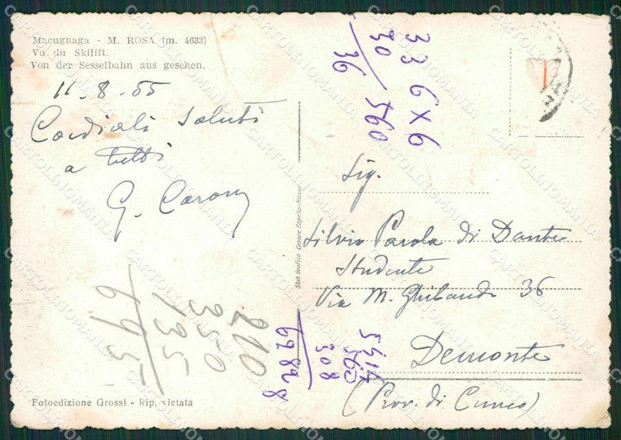 Verbania Macugnaga Seggiovia Monte Rosa PIEGA FG cartolina KB2394 – retro