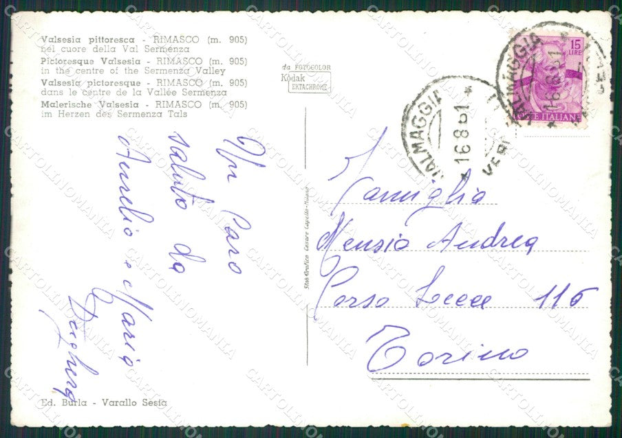 Vercelli Rimasco Foto FG cartolina KB2903 – retro