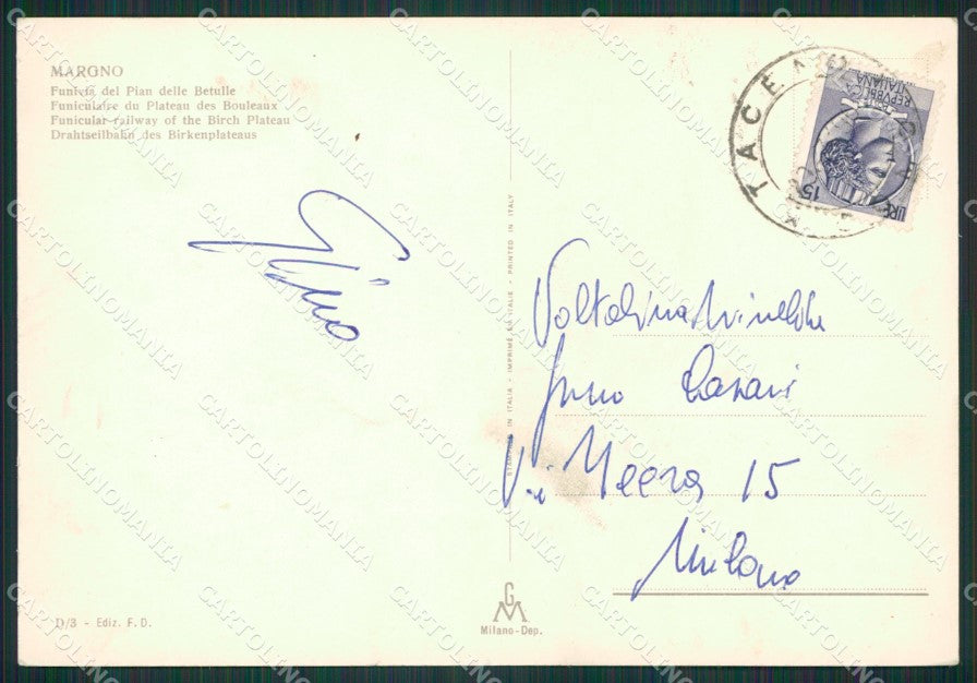 Lecco Margno Funivia Foto FG cartolina KB3061 – retro