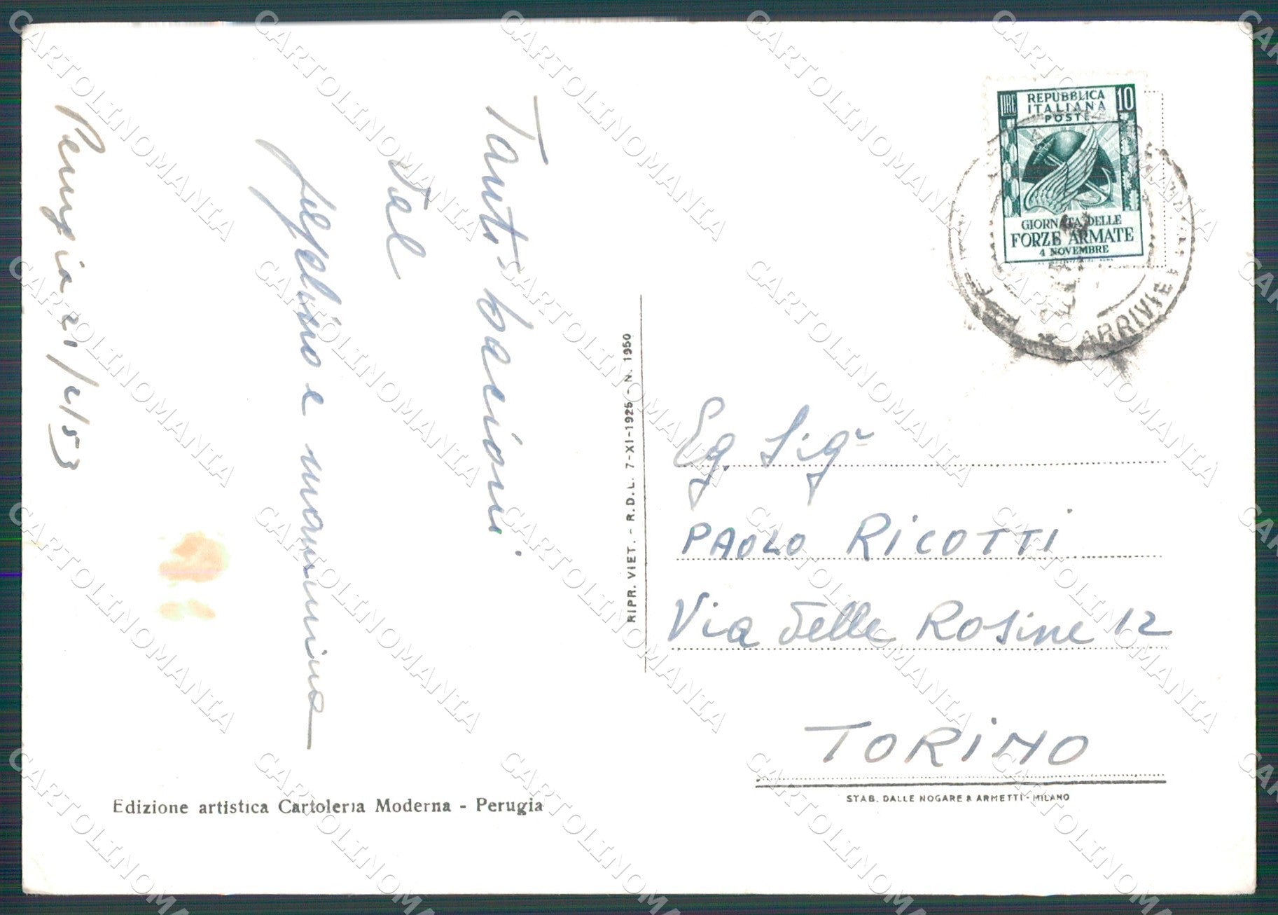 Perugia Città Municipio FG cartolina KB4753 – retro