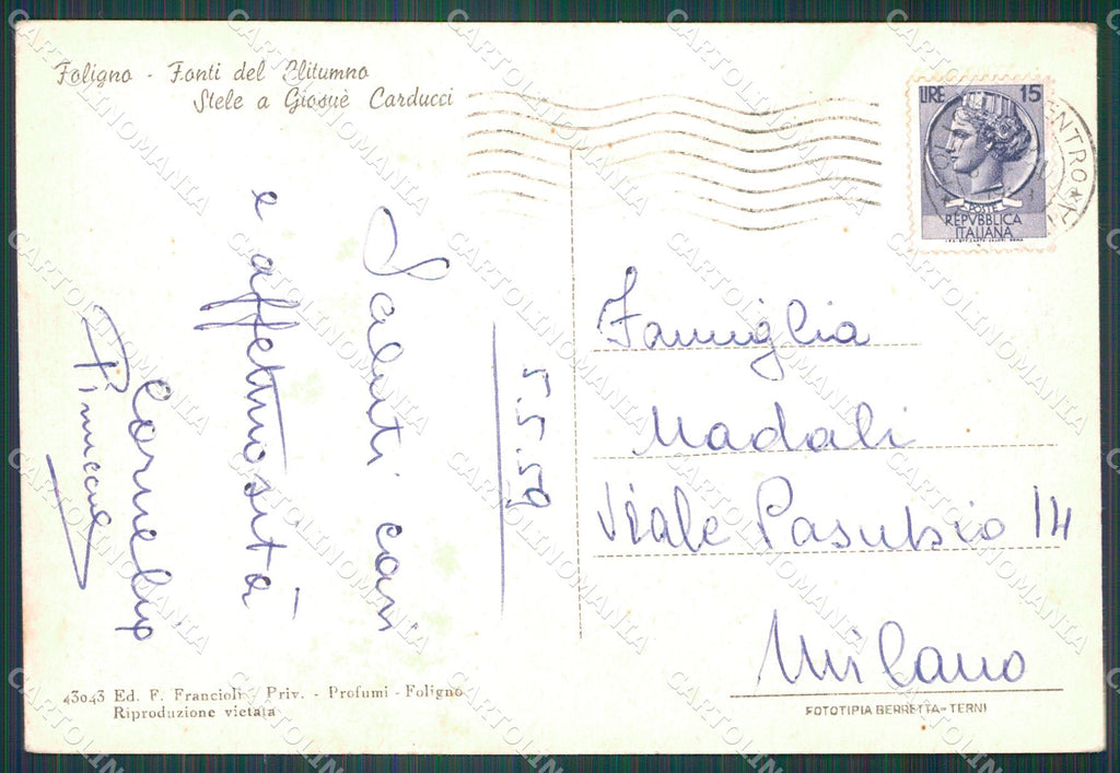 Perugia Foligno Tuoro Fonti di Clitunno FG cartolina KB5017 – retro