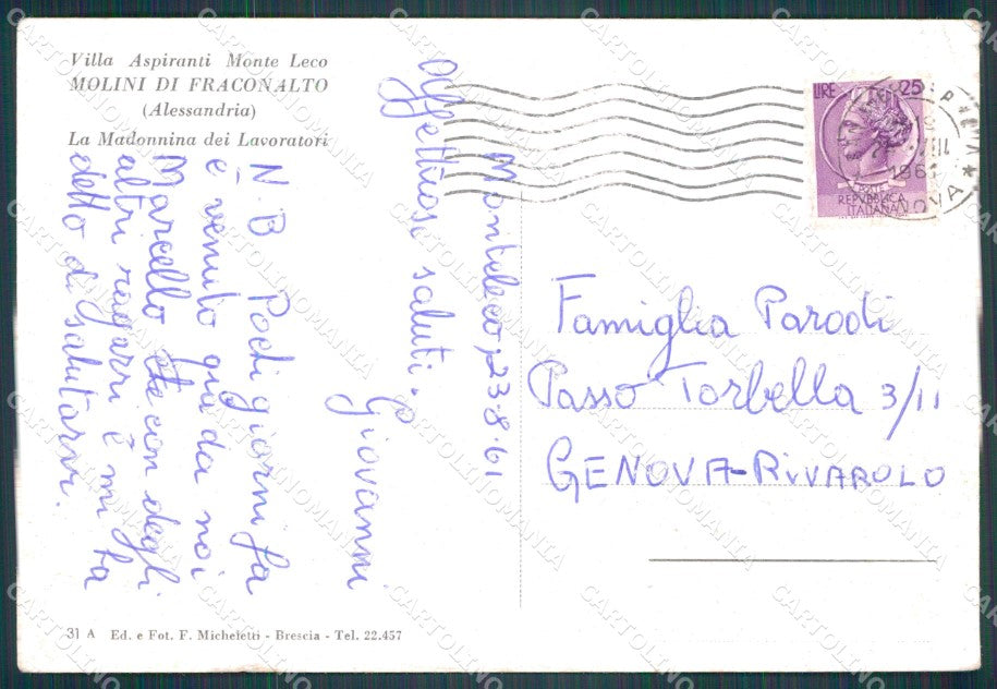 Alessandria Franconalto Molini di PIEGA FG cartolina KF2039 – retro