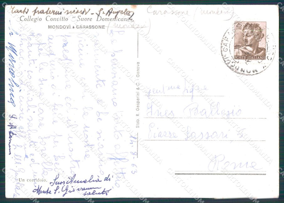 Cuneo Mondovì Carassone Collegio STRAPPINO FG cartolina KF2049 – retro