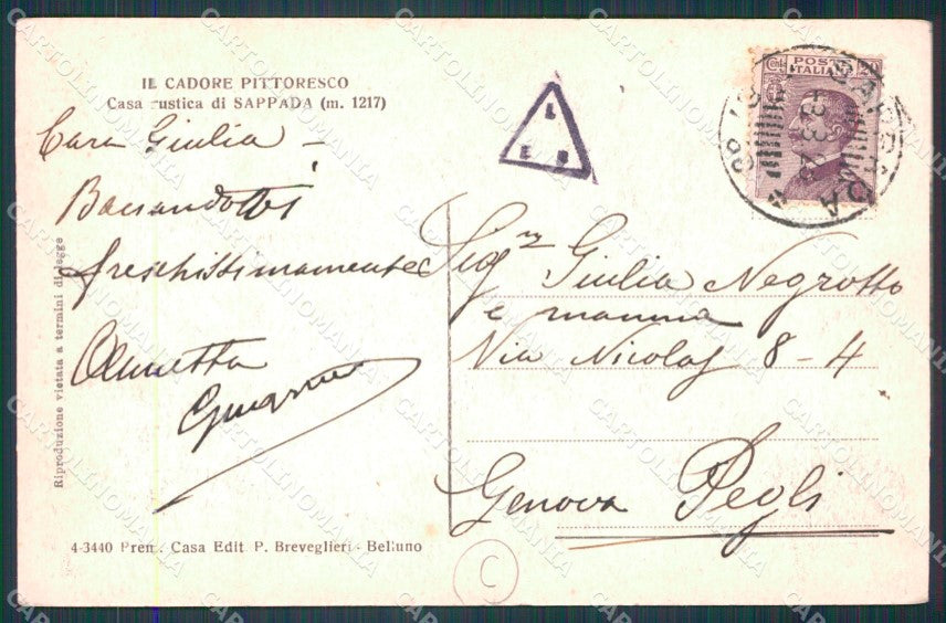 Belluno Sappada Casa Rustica cartolina KF2334 – retro