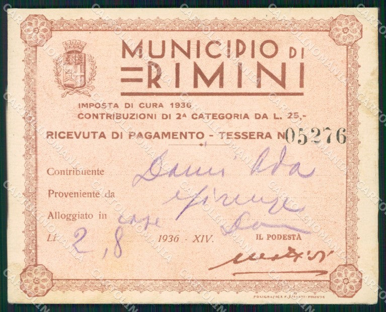 Rimini Città Ricevuta del Comune di Rimini Tessera 05276 PIEGHE KF2472 – fronte