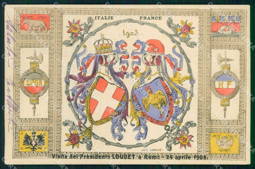 Politica Vittorio Emanuele III Loubet Francia Roma 1904 cartolina KF3653 – fronte