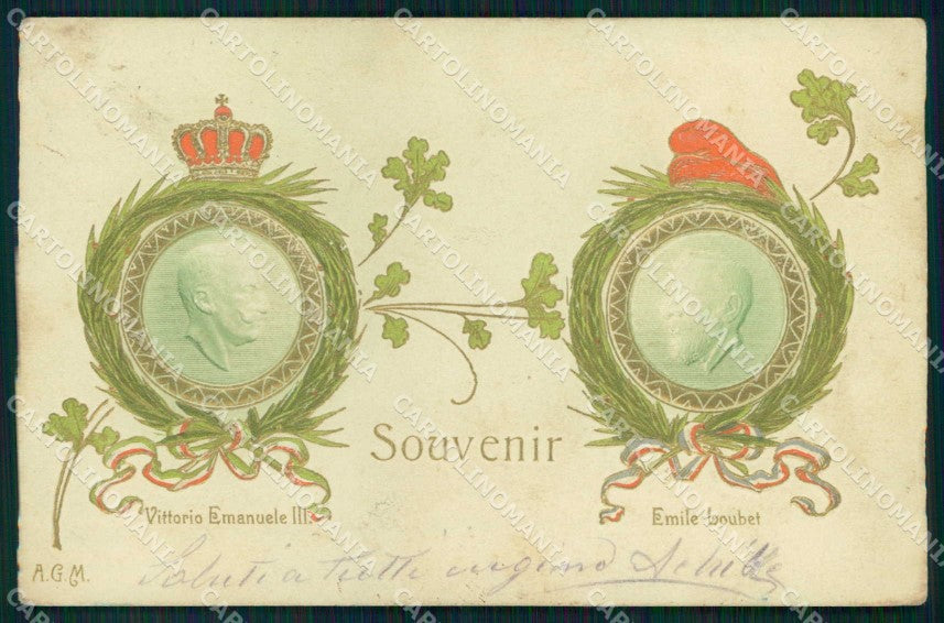 Politica Vittorio Emanuele III Loubet Francia Roma 1904 cartolina KF3654 – fronte
