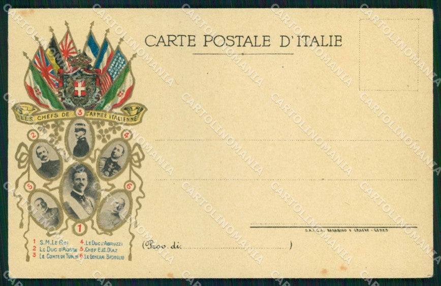 WWI Propaganda Tricolore Savoia Diaz Badoglio Duca Abruzzi cartolina KF3666 – fronte