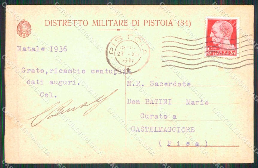 Militari Reggimentali 84° Distretto Pistoia 1936 Fascismo STRAPPINO cp KF3864 – retro