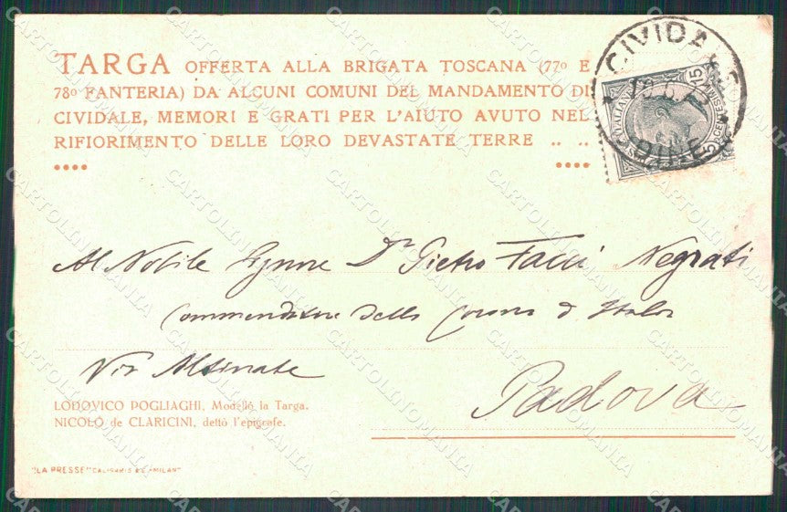 WWI Militari 77° 78° Regg. Brigata Toscana Lupi Cividale PIEGA cartolina KF4083 – retro