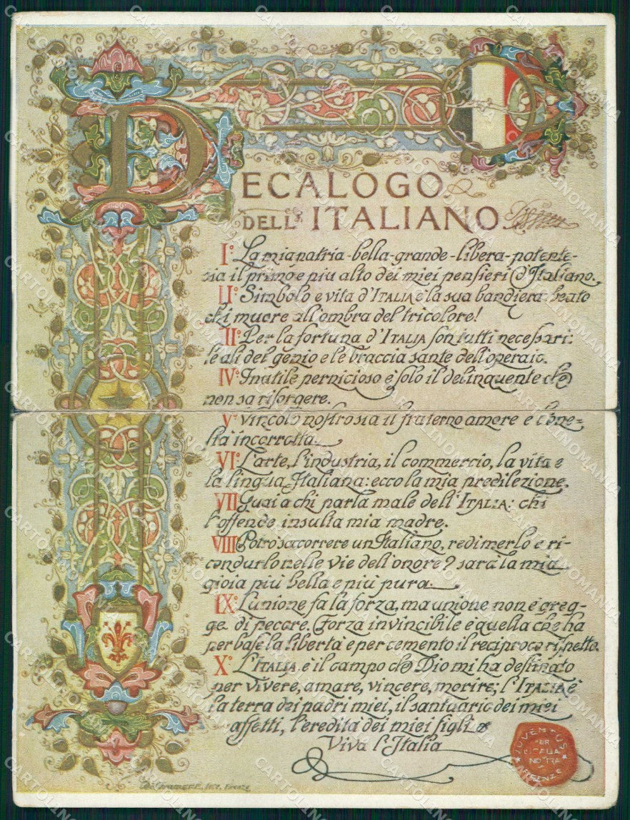 WWI Propaganda Decalogo dell'Italiano Tricolore Firenze Doppia cartolina KF4108 – fronte