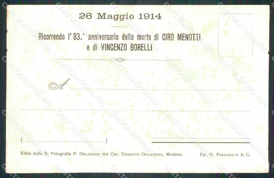 WWI WW1 Militari 83° Anniversario Morte Menotti Borelli Modena cartolina KF4147 – retro
