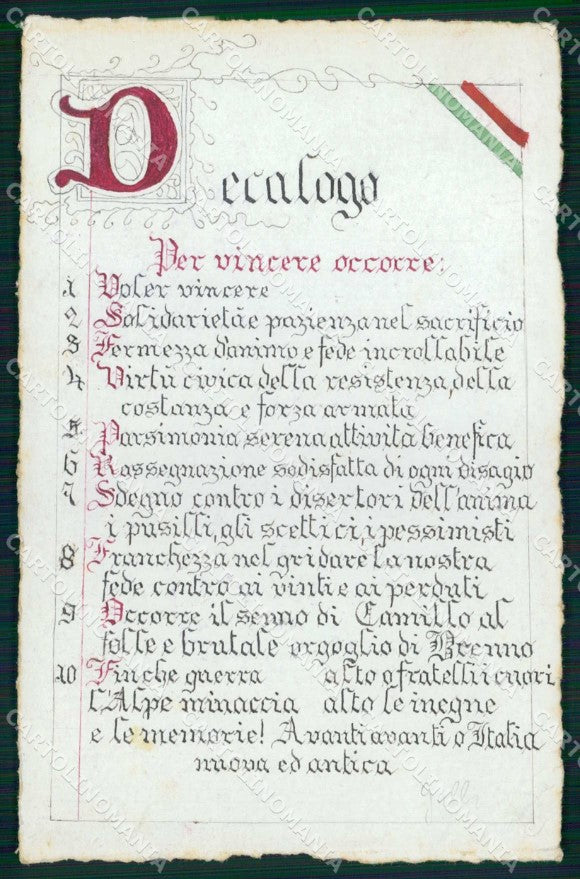 WWI Militari Propaganda Decalogo per la Vittoria dipinta a mano cartolina KF4187 – fronte