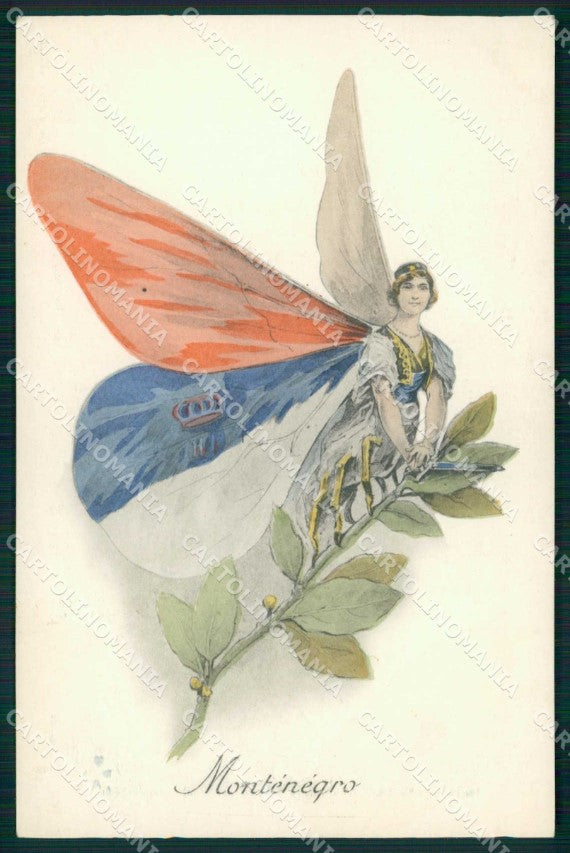WWI Propaganda Alleati Montenegro Donna Farfalla Aux Allies cartolina KF4291 – fronte