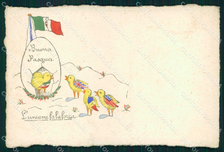 WWI Propaganda Alleati Bandiere Flags Dipinta a Mano Pasqua cartolina KF4309 – fronte