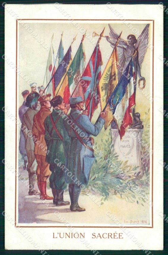 WWI WW1 Propaganda Francese Bandiere Flag Union Sacree Dupuis cartolina KF4311 – fronte