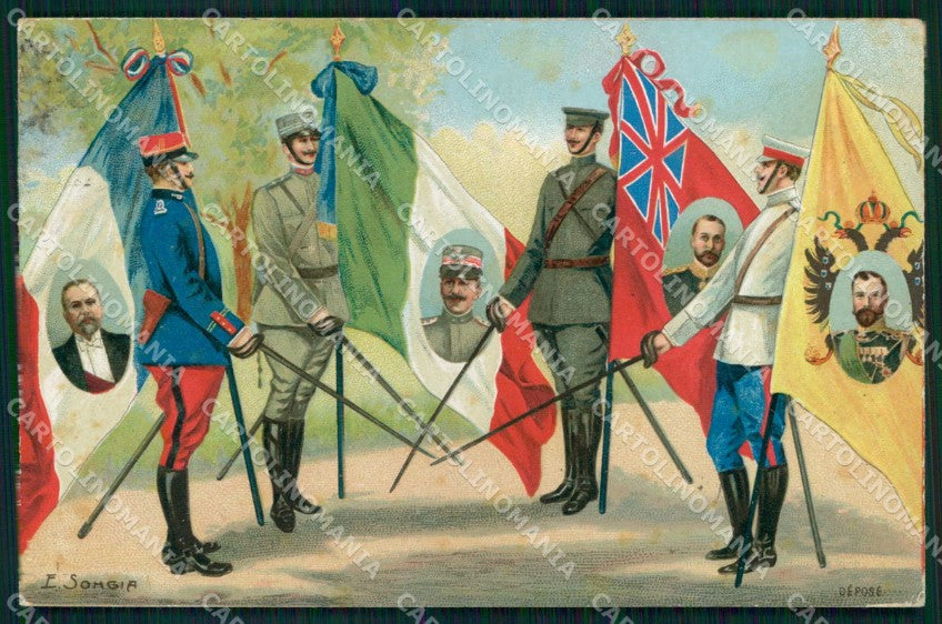 WWI Propaganda Alleati Tricolore Flags Vittorio Emanuele III cartolina KF4314 – fronte