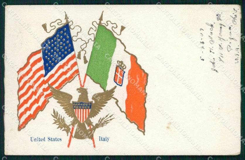Bandiere Flags United States Italy Tricolore PIEGHINE cartolina KF4322 – fronte