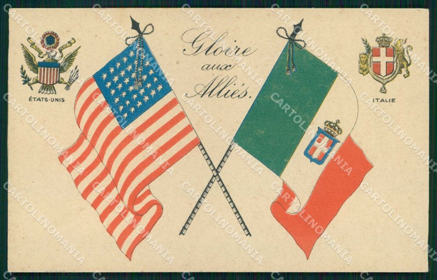 WWI Propaganda Alleati Tricolore Flags United States Italy cartolina KF4324 – fronte