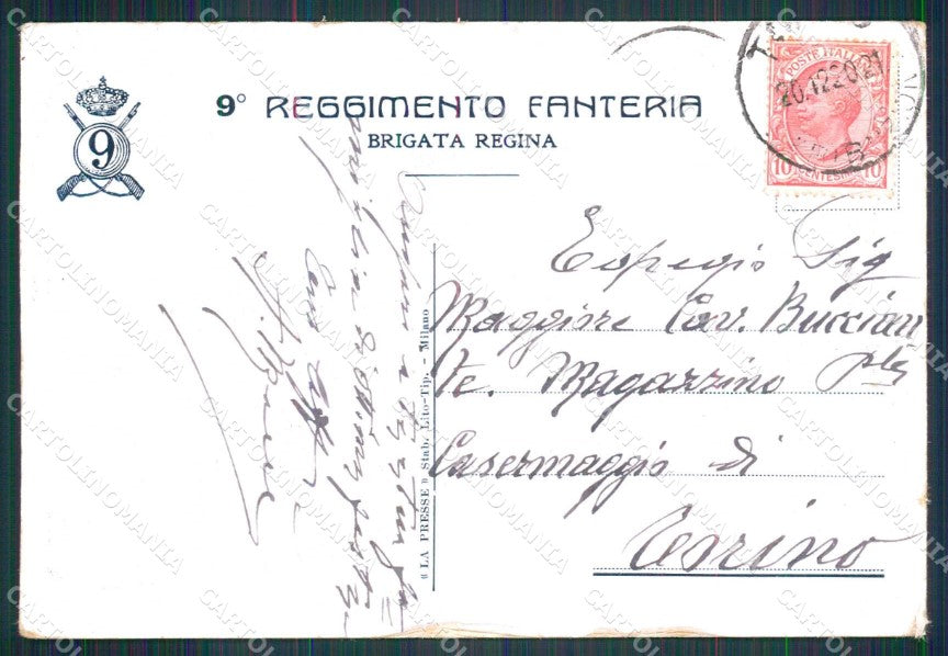 Militari Tricolore 9° Reg Fanteria Brigata Regina RESTAURATA cartolina KF4506 – retro