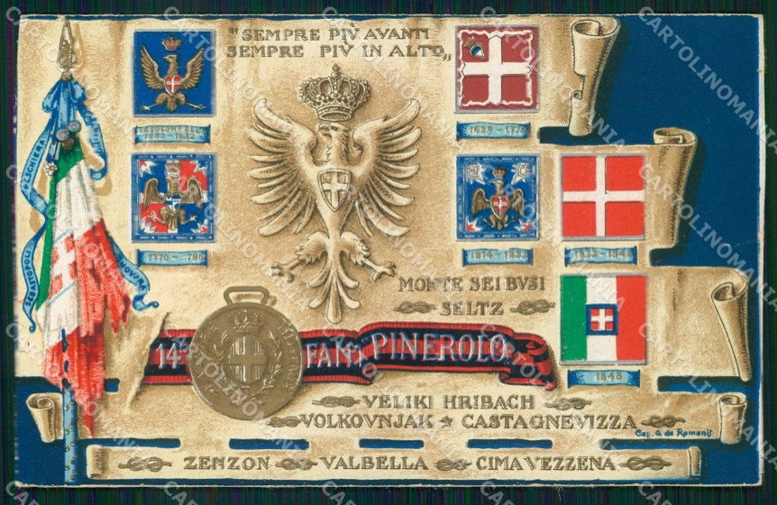 Militari Reggimentali 14° Regg. Fanteria Pinerolo Tricolore cartolina KF4513 – fronte