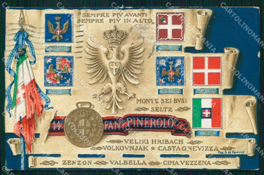 Militari Reggimentali 14° Regg. Fanteria Pinerolo Tricolore cartolina KF4515 – fronte