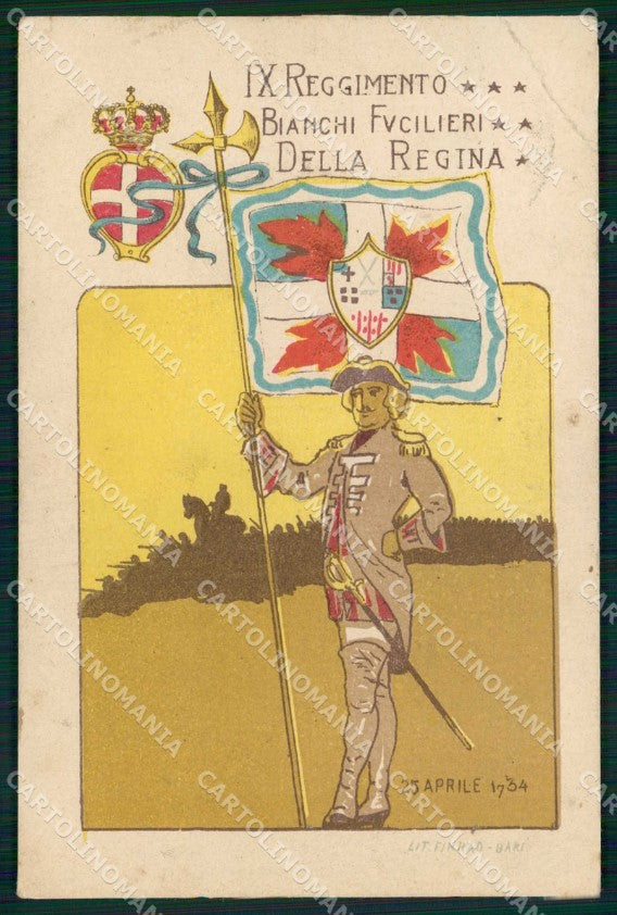 Militari Reggimentali IX Regg. Bianchi Fucilieri Regina PIEGHE cartolina KF4569 – fronte