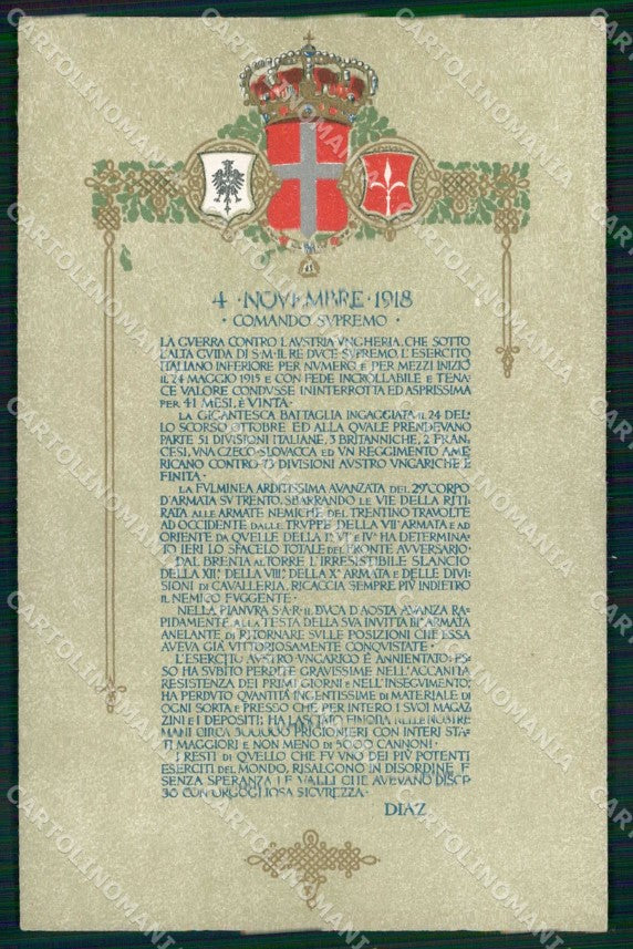 WWI WW1 Propaganda Diaz Comando Supremo cartolina KF4842 – fronte