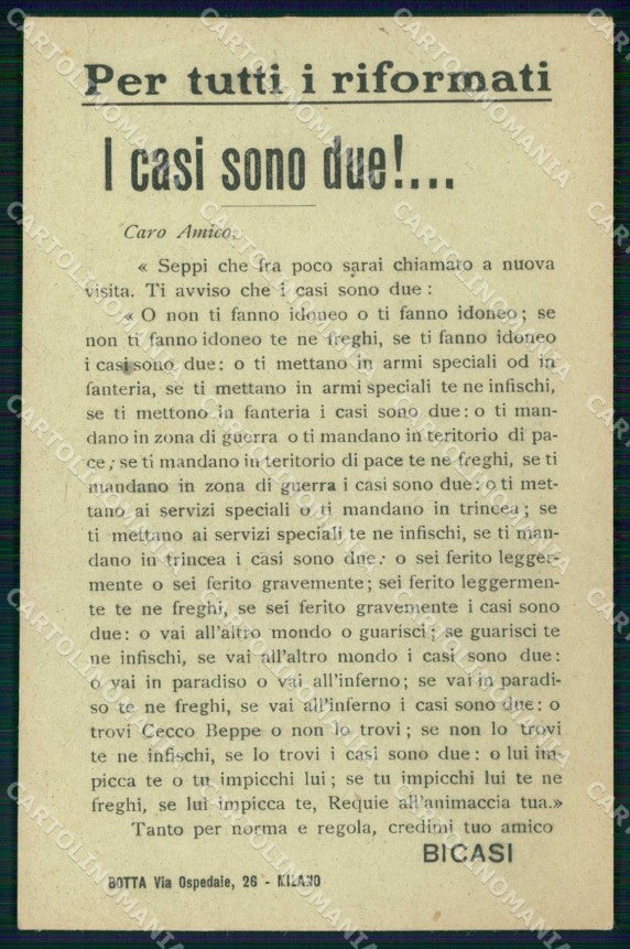 WWI WW1 Patriottismo I Casi Sono Due Bicasi PIEGHINA cartolina KF4893 – fronte