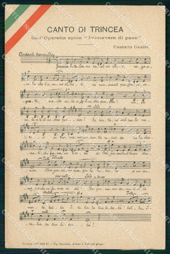 WWI WW1 Patriottismo Operetta Canto di Trincea Grassi Spartito cartolina KF4896 – fronte