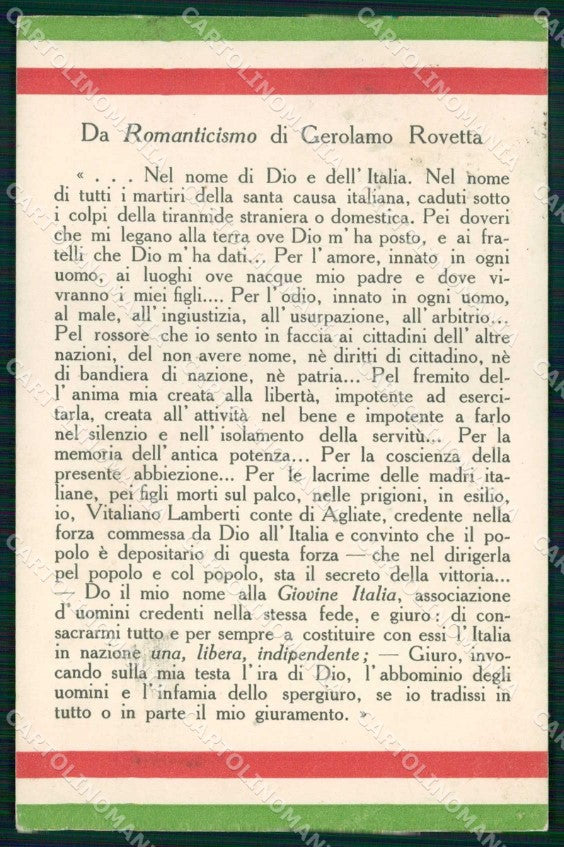 WWI WW1 Patriottismo Tricolore Rovetta Pro Famiglie Richiamati cartolina KF4901 – fronte