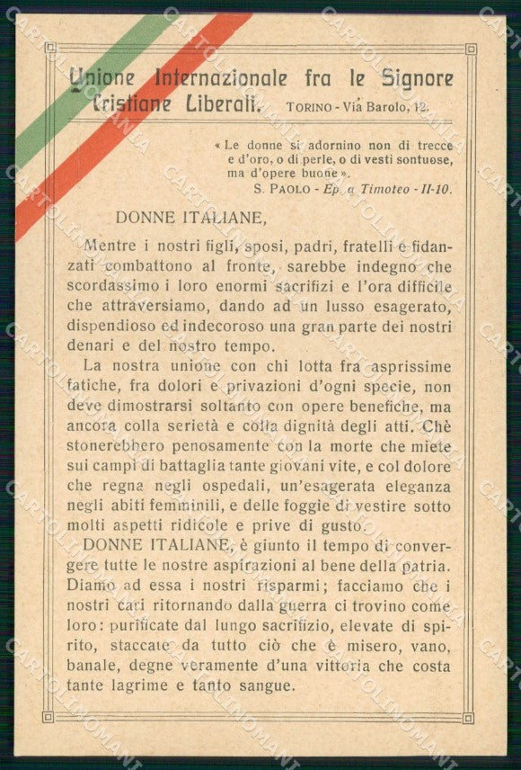 WWI WW1 Patriottismo Tricolore Unione Signore Cristiane Liberali cp KF4905 – fronte