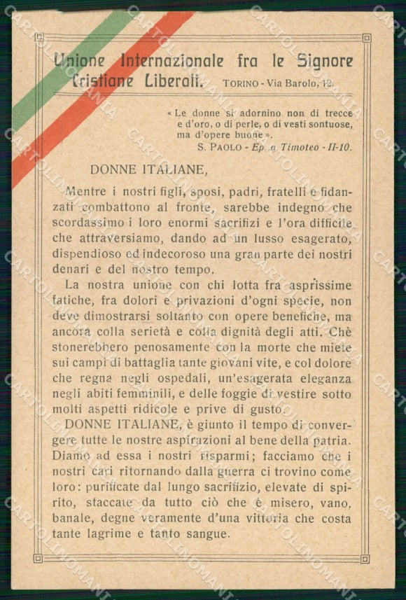 WWI WW1 Patriottismo Tricolore Unione Signore Cristiane Liberali cp KF4906 – fronte