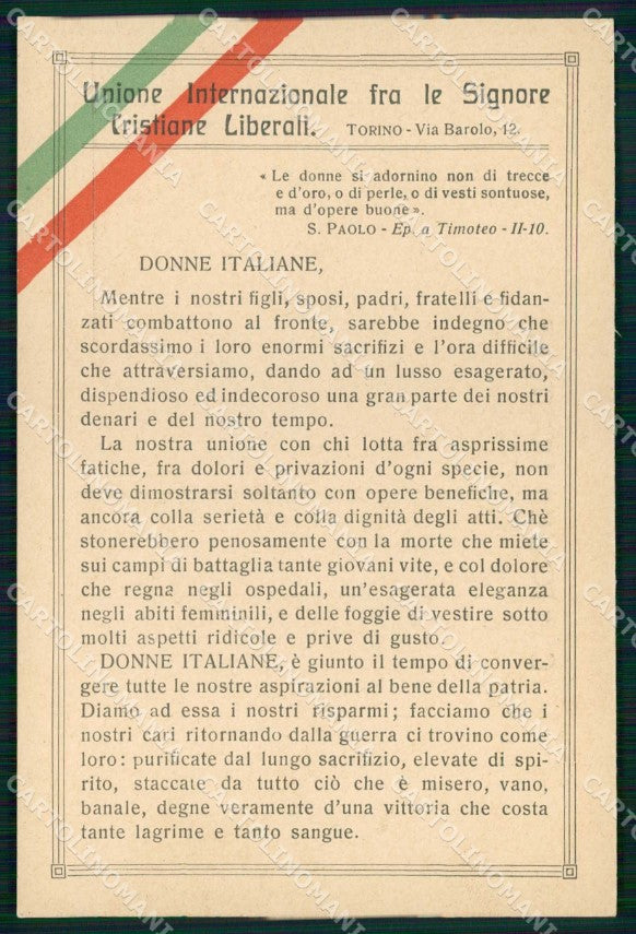 WWI WW1 Patriottismo Tricolore Unione Signore Cristiane Liberali cp KF4907 – fronte