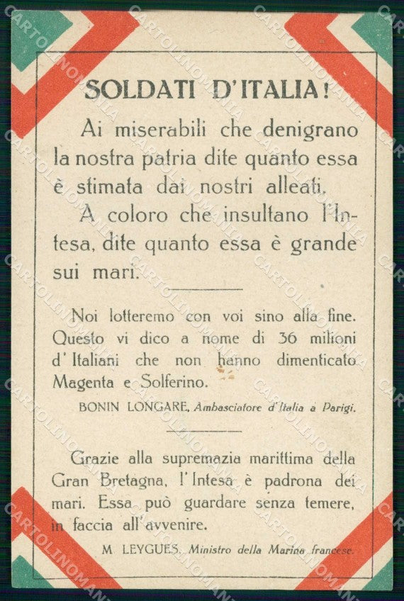 WWI WW1 Patriottismo Istituo Italo Brittanico Longare Leygues cartolina KF4909 – fronte