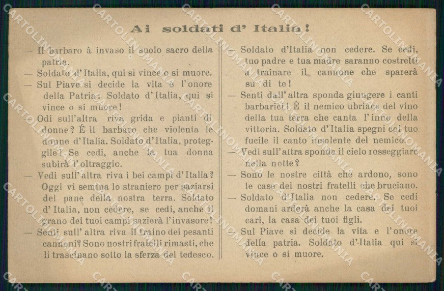 WWI WW1 Patriottismo Piave Ai Soldati d'Italia cartolina KF4911 – fronte